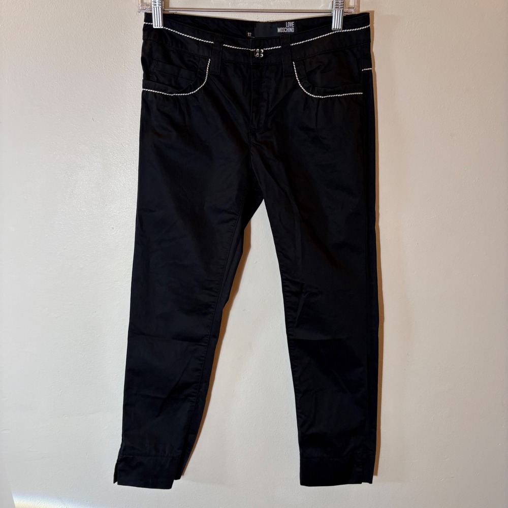 Love Moschino Black Slim Trousers White Contrast Rope Stitch Pants Size 27